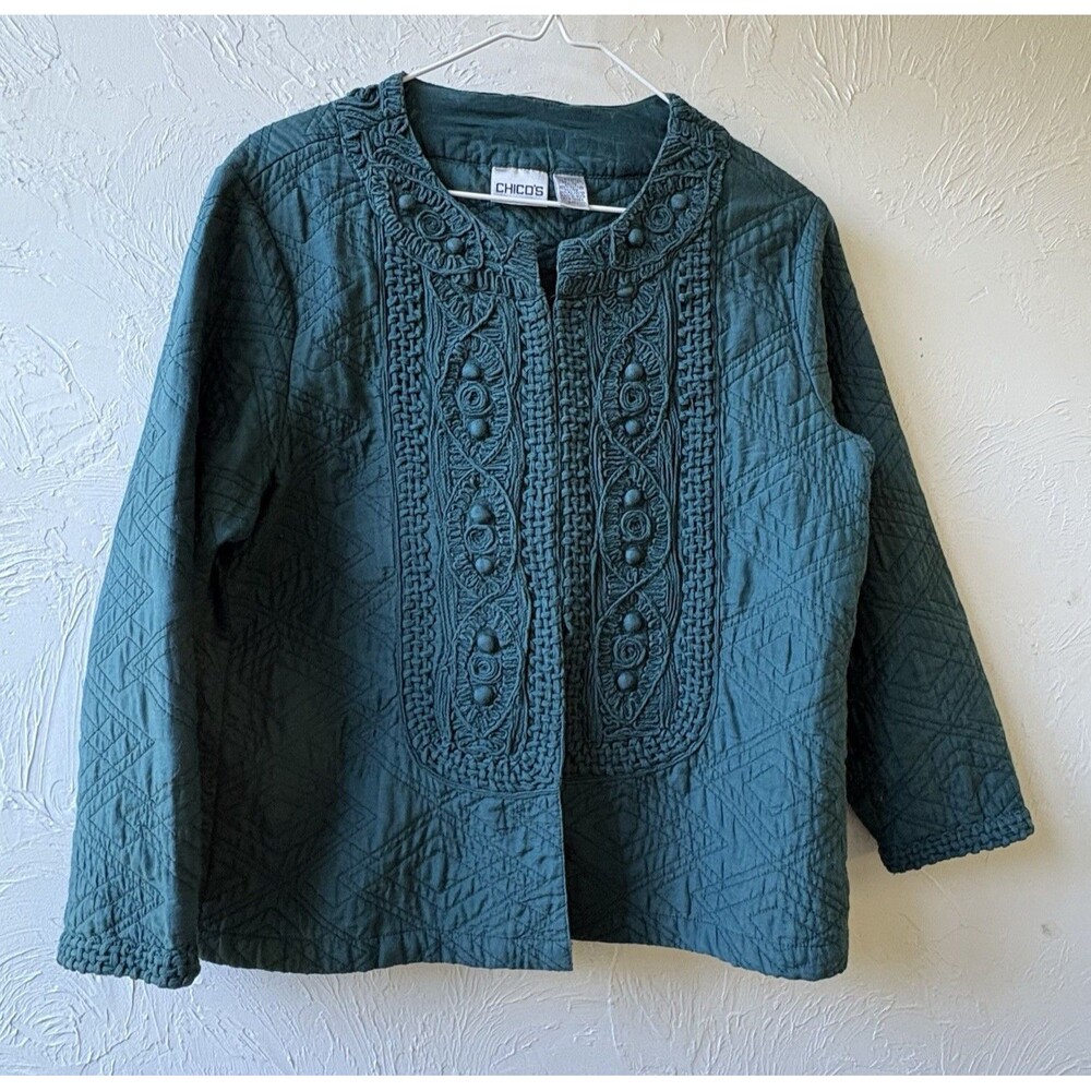 Chico's Women's Teal Embroidered Quilted Open Front Jacket Long Sleeve Size 1